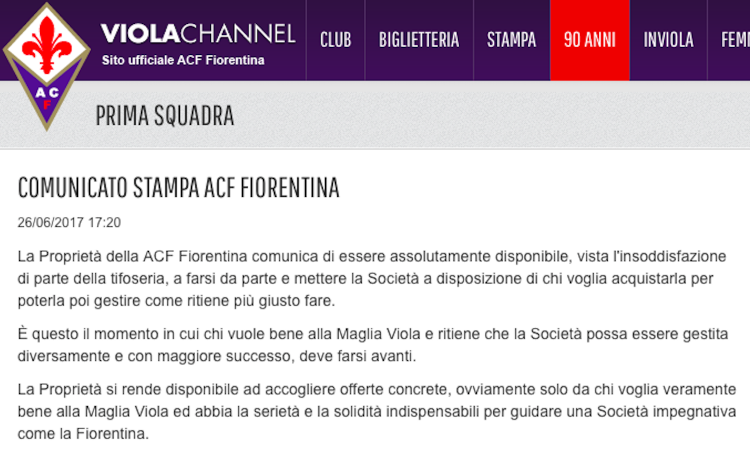 UFFICIALE: la Fiorentina è in vendita, il comunicato della società