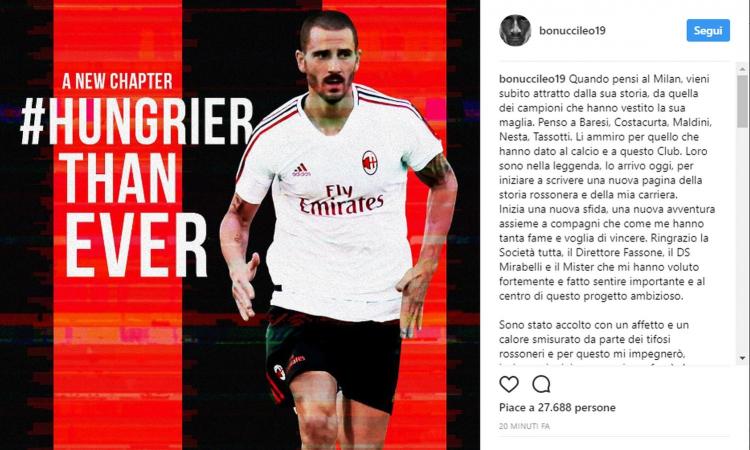 Bonucci: 'Ammiro Baresi e Maldini. Ai tifosi del Milan dico...'