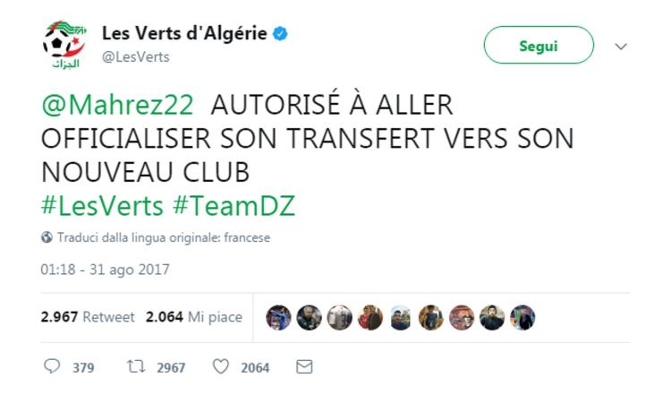 Mahrez lascia il ritiro dell'Algeria: va a firmare con il suo nuovo club