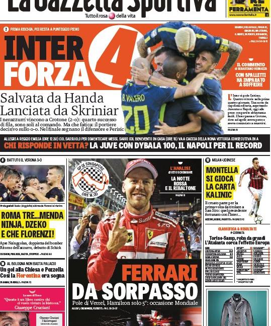 L'Inter non sbaglia, 'testa e cuore' per la Juve che insegue: le prime pagine