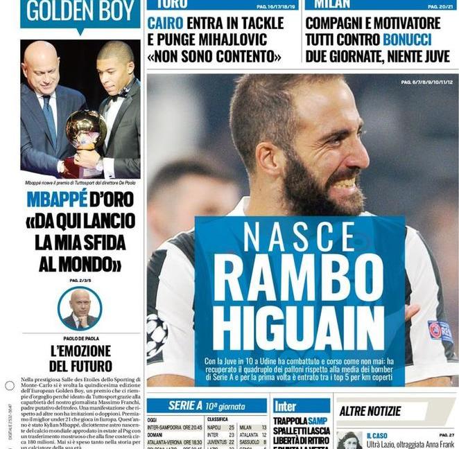 Rambo Higuain, Spalletti è l’anti Juve? Le prime pagine dei giornali
