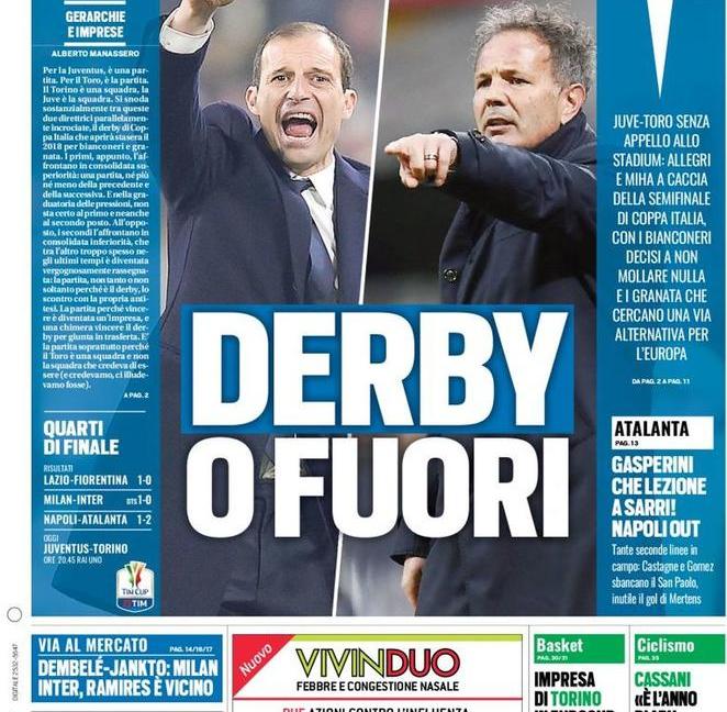 Juve-Toro 'derby o fuori', la lezione di Gasp al Napoli: le prime pagine