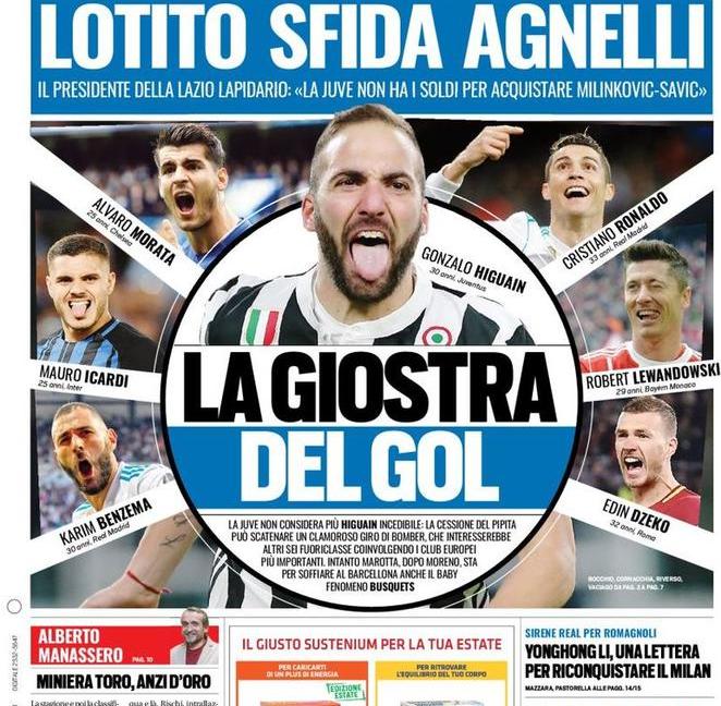 Higuain sul mercato, Lotito sfida Agnelli: le prime pagine