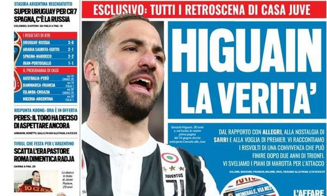 Il futuro di Higuain, tra Allegri e Sarri: le prime pagine dei quotidiani