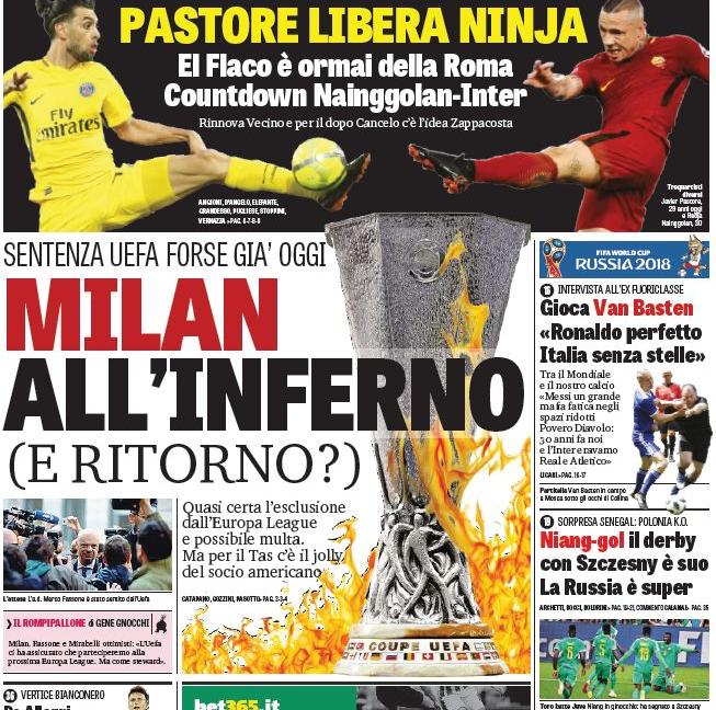 'Milan all'inferno', 'Juve avanti tutta per Golovin': le prime pagine di oggi
