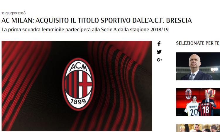 Milan, UFFICIALE: nasce la squadra femminile, acquisito il Brescia