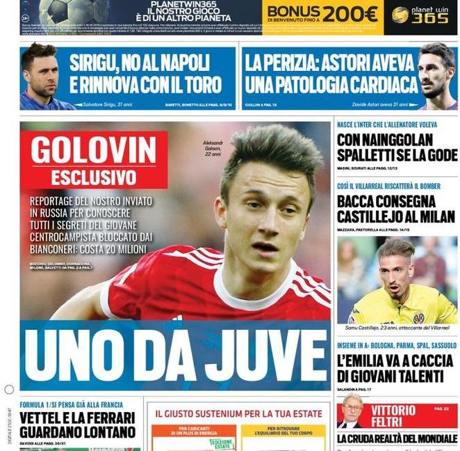 Golovin è 'uno da Juve': le prime pagine di oggi