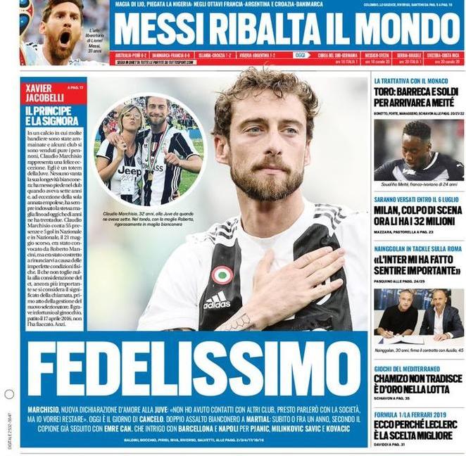 'Marchisio fedelissimo' e 'Pjanic seduto': le prime pagine di oggi