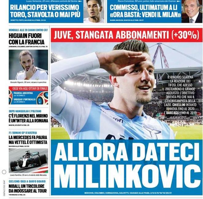 'Rincaro abbonamenti? Dateci Milinkovic!': tutta la Juve sulle prime pagine di oggi