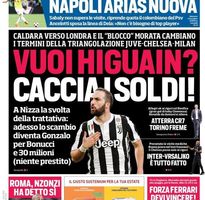 Higuain, incrocio pericoloso: 'Se lo vuoi caccia i soldi!', le prime dei giornali