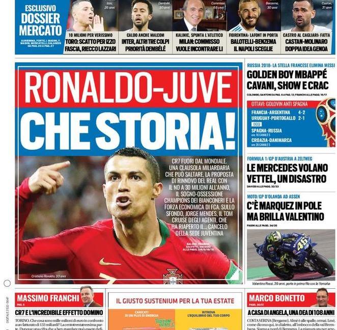 'Ronaldo-Juve, che storia': le prime pagine di oggi