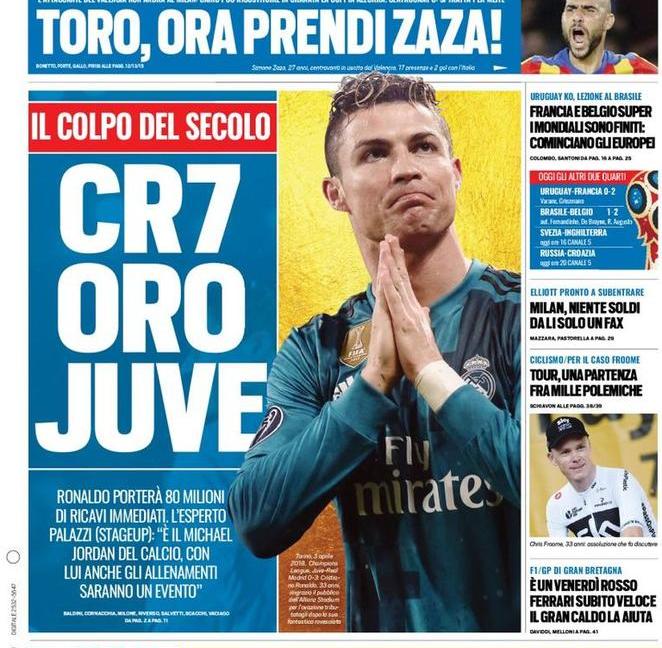 'CR7 oro Juve', 'Addio al Real con un comunicato': le prime pagine di oggi