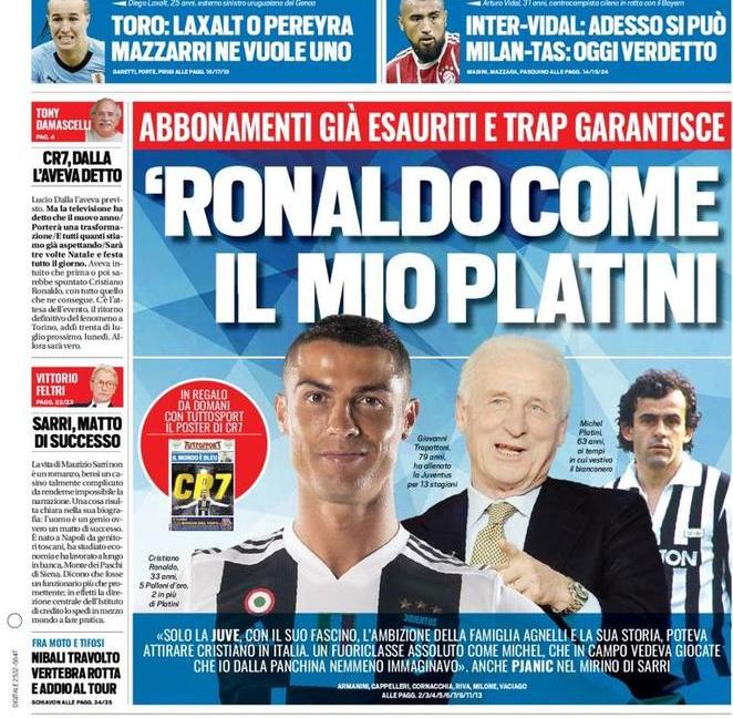 CR7, 'garantisce Trapattoni'! 'Napoli tenta la Ronaldata': le prime pagine di oggi