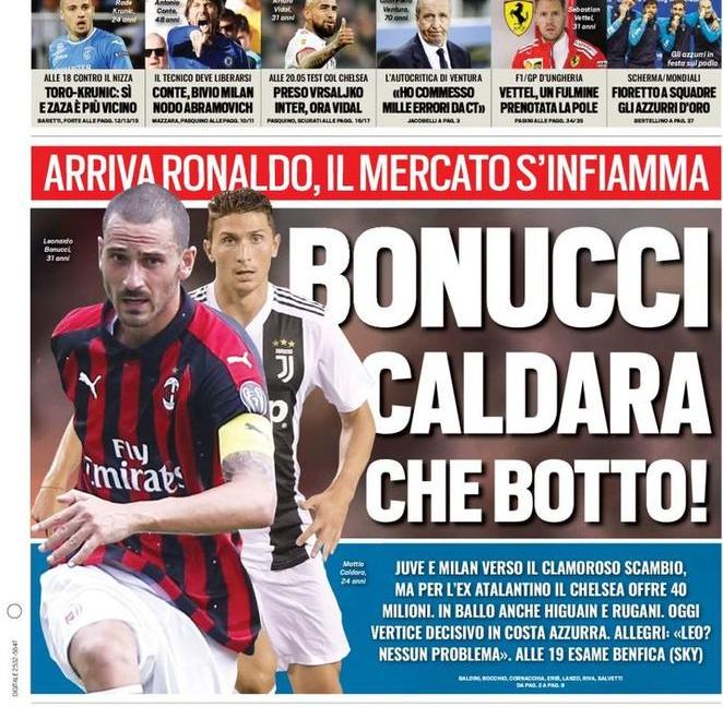 'Bonucci-Caldara, che botto!': le prime pagine di oggi