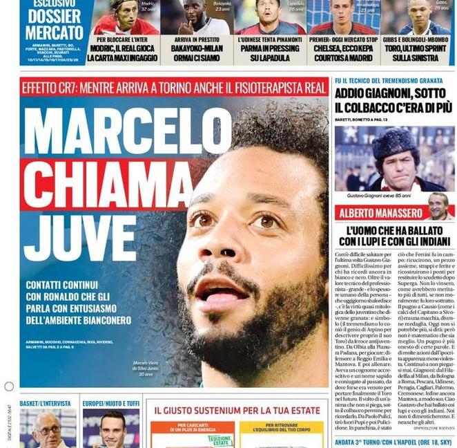 'Marcelo chiama la Juve' e 'Pogba via da Manchester': le prime dei quotidiani