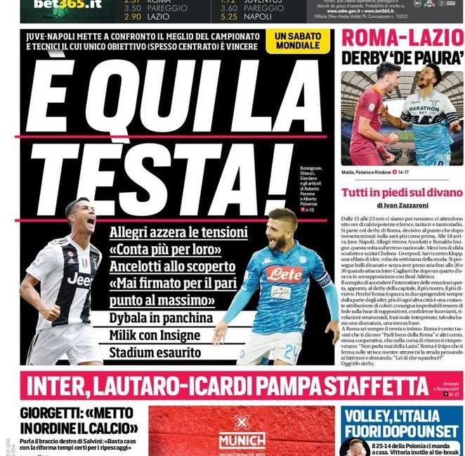 'Juve-Napoli, è qui la testa!'. Le prime pagine di oggi