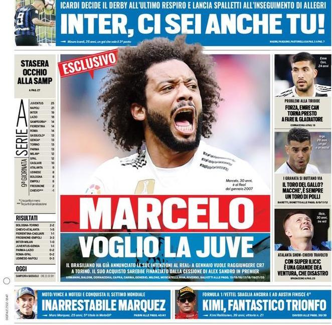 'Marcelo: voglio la Juve!'. Le prime pagine di oggi