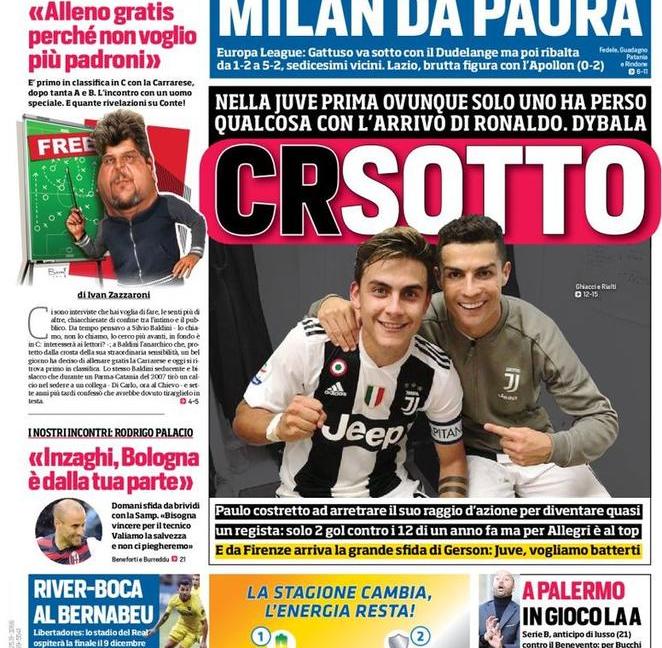 'CRSotto' e 'Juve in Chiesa': le prime pagine dei quotidiani