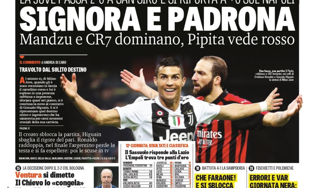 'Giganti a San Siro', 'Juve padrona': le prime pagine di oggi