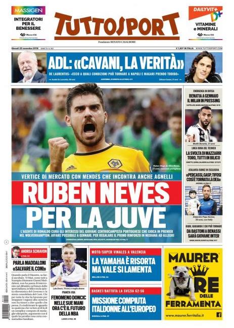 'Ruben Neves per la Juve': tutte le prime pagine di oggi