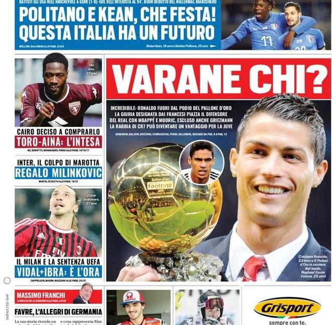 'Schiaffo a Ronaldo' e 'Varane chi?': le prime pagine dei quotidiani
