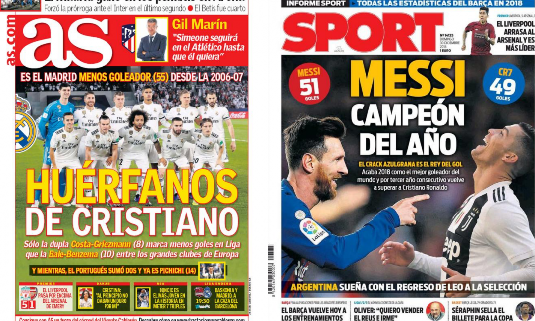 In Spagna c'è Ronaldo in prima pagina: 'Real orfano di CR7'. E Messi esulta!