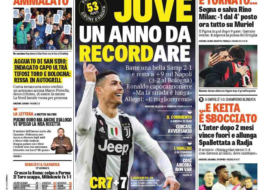 'Campioni d'inferno', 'Juve, un anno da record... are': le prime pagine