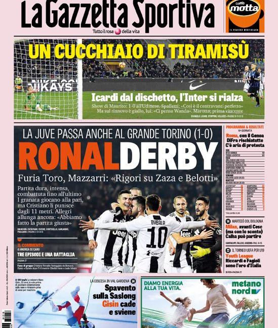 'Juve, 46 sul campo', è subito 'RonalDerby': le prime pagine di oggi