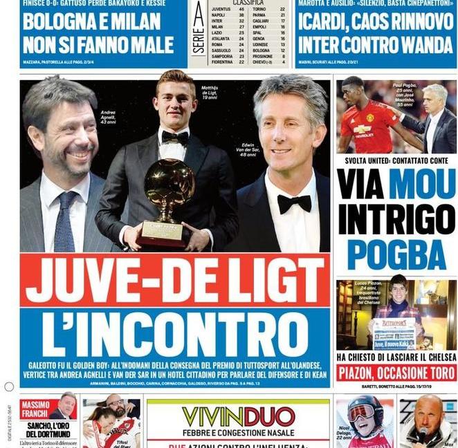 'Juve-De Ligt, l'incontro', 'Intrigo Pogba': le prime pagine di oggi
