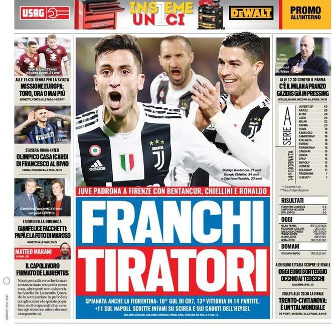 'Bentancur, Chiellini e Ronaldo, franchi tiratori': le prime pagine