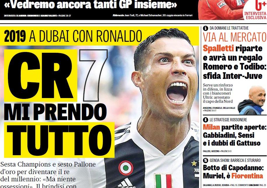 'CR7: mi prendo tutto!'. Le prime pagine di oggi