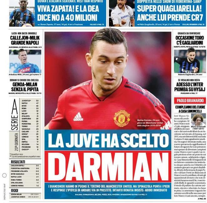 'La Juve ha scelto Darmian': le prime pagine di oggi