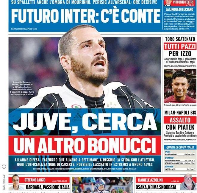 'Juve, cerca un altro Bonucci': le prime pagine dei giornali