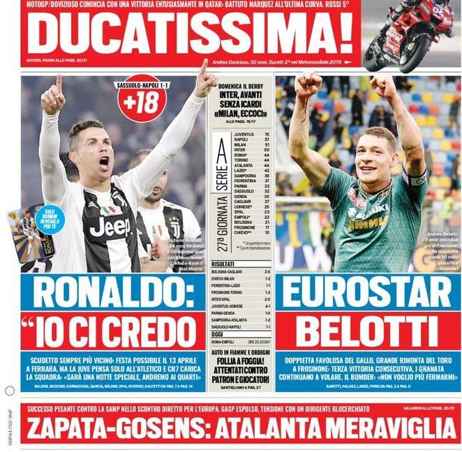 'Ronaldo paciere', 'Rischiatutto Juve': le prime pagine di oggi