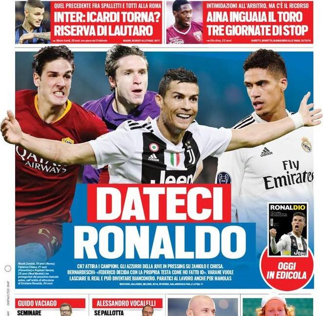 'Tutti vogliono CR7', 'Ndombelé e Chiesa per Marotta': le prime pagine