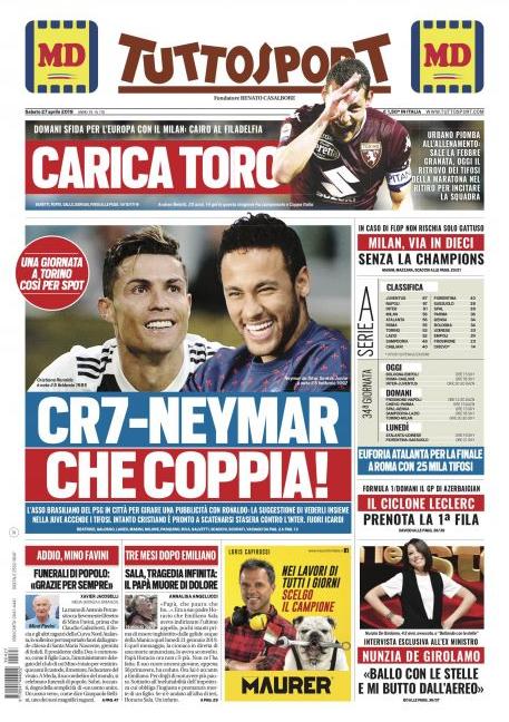 'CR7-Neymar, che coppia' e tutto su Inter-Juve: le prime pagine