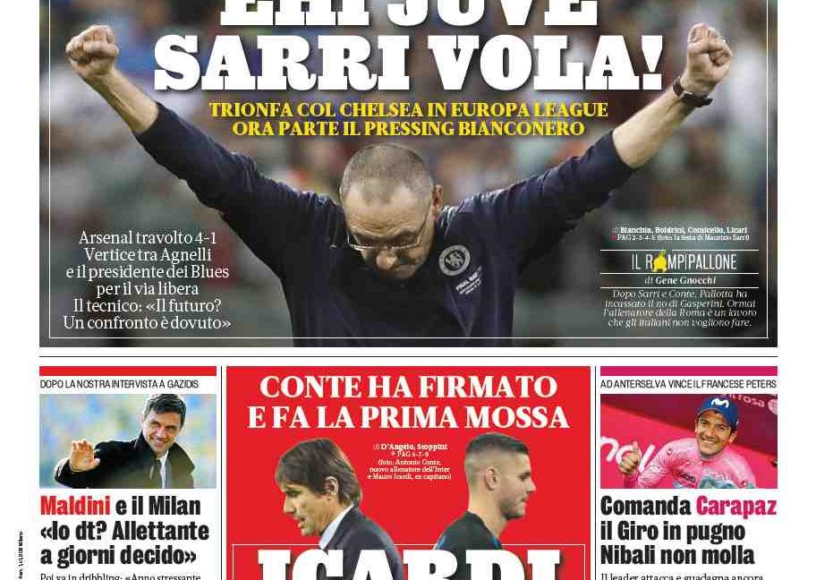 'Trionfo Sarri e adesso la Juve': le prime pagine dei quotidiani