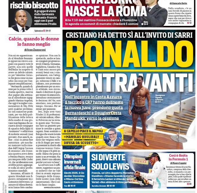 'Ronaldo centravanti', 'Assalto a Chiesa': le prime pagine di oggi