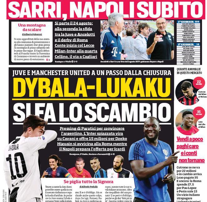 'Dybala-Lukaku, si fa lo scambio': le prime pagine