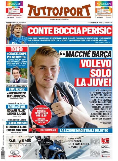 De Ligt: 'Barça? Volevo solo la Juve'. Pjanic: 'Pronto per Sarri'. Le prime pagine