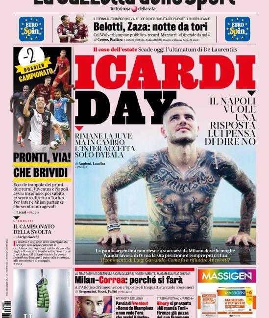 'Icardi alla Juve' e 'Riccardi spacca Roma': le prime pagine