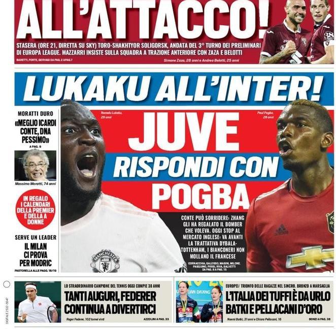 'Conte, è tuo' e 'Juve rispondi con Pogba': le prime pagine dei giornali