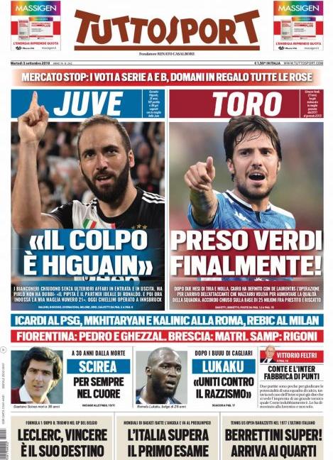 'Il colpo della Juve è Higuain, Icardi via gratis': le prime dei giornali
