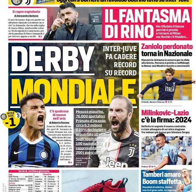 'Derby Mondiale' e 'Agnelli: giù le mani da Conte': le prime pagine