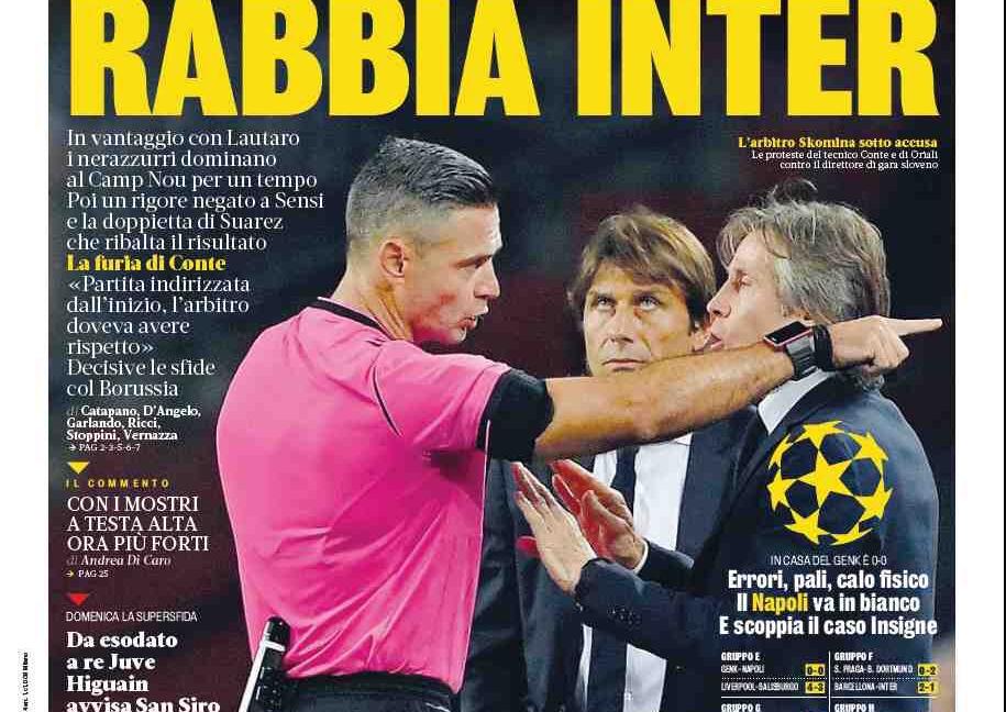 'Furia Inter. Occhio, Juve' e 'Higuain sfida Lukaku': le prime pagine