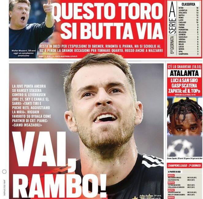 'Vai Rambo' e 'La mia Juve non si fa al bar': le prime pagine dei quotidiani