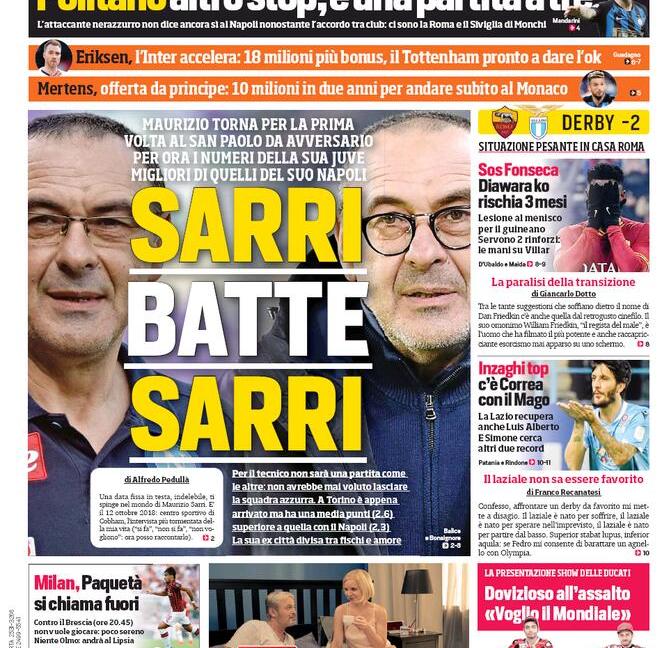 'Sarri batte Sarri' e 'Napoli, applaudi Sarri': le prime pagine