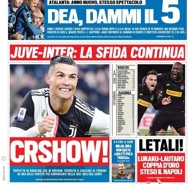 'CRShow' e 'Juve-Inter: la sfida continua': le prime dei giornali