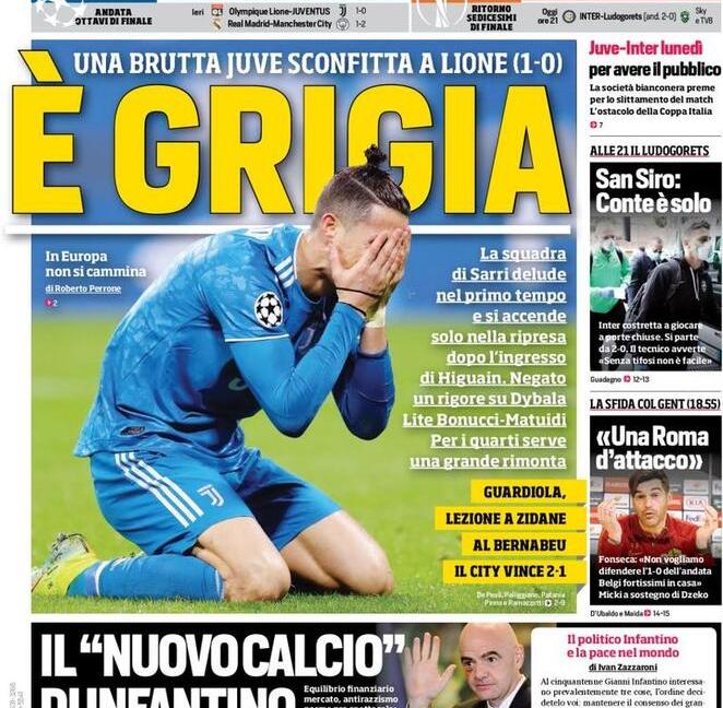 'E' grigia. Una brutta Juve sconfitta a Lione': le prime dei giornali