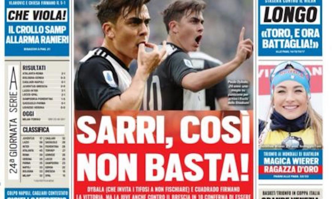 'Sarri, così non basta!', 'Santa Lazio, Milinkovic divino': le prime pagine